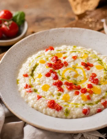 Risotto cremoso con pomodorini, olio al basilico e crema di limone