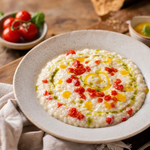 Risotto con pomodoro, olio al basilico e crema di limone
