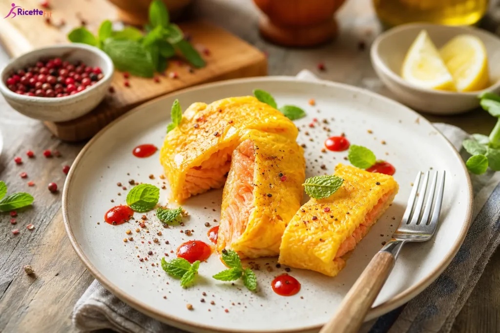 Salmone in crosta di patate con salsa rossa, menta e limone