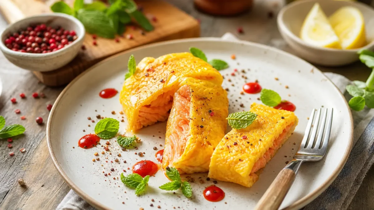 Salmone in crosta di patate con salsa rossa, menta e limone