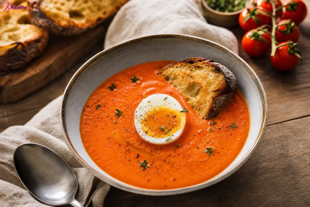 Salmorejo con uovo morbido, crostino integrale e pomodori freschi