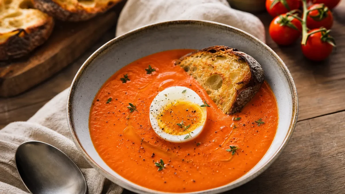 Salmorejo con uovo morbido, crostino integrale e pomodori freschi