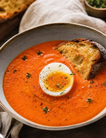 Salmorejo con uovo morbido, crostino integrale e pomodori freschi
