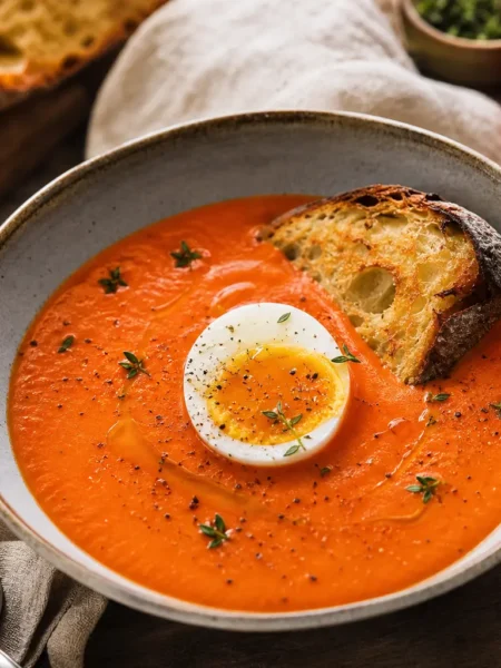 Salmorejo con uovo morbido, crostino integrale e pomodori freschi