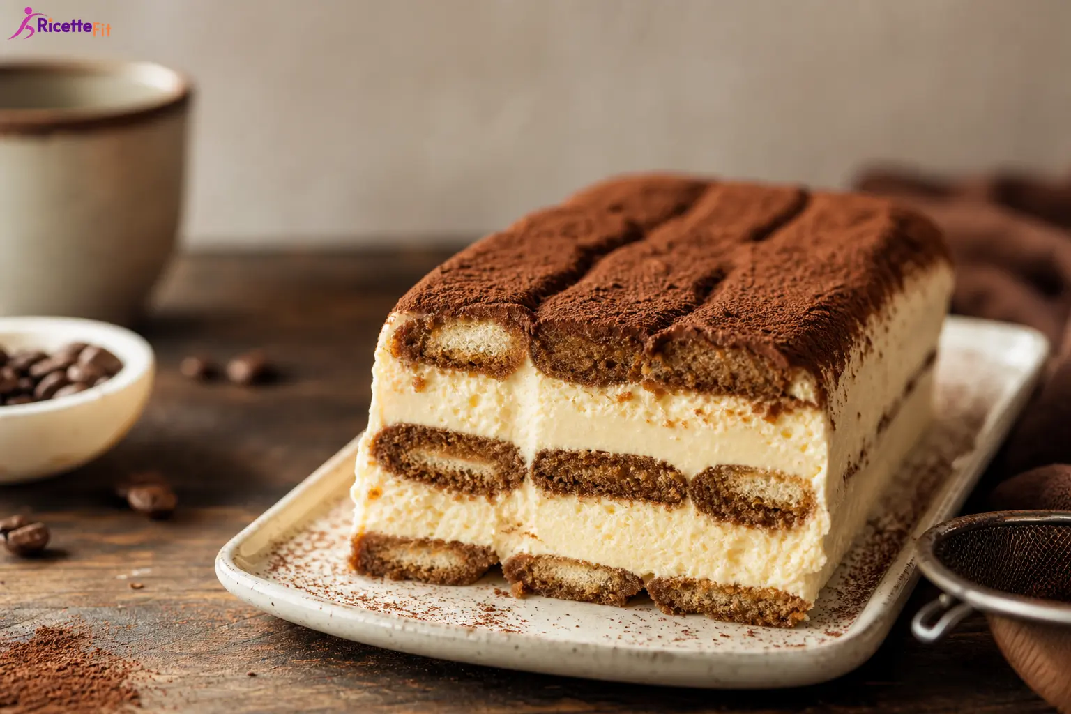 Semifreddo al tiramisù fit con cacao e strati di savoiardi al caffè