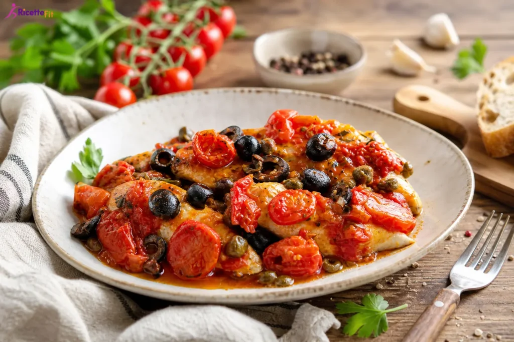Sgombro in padella con pomodorini, olive nere e capperi