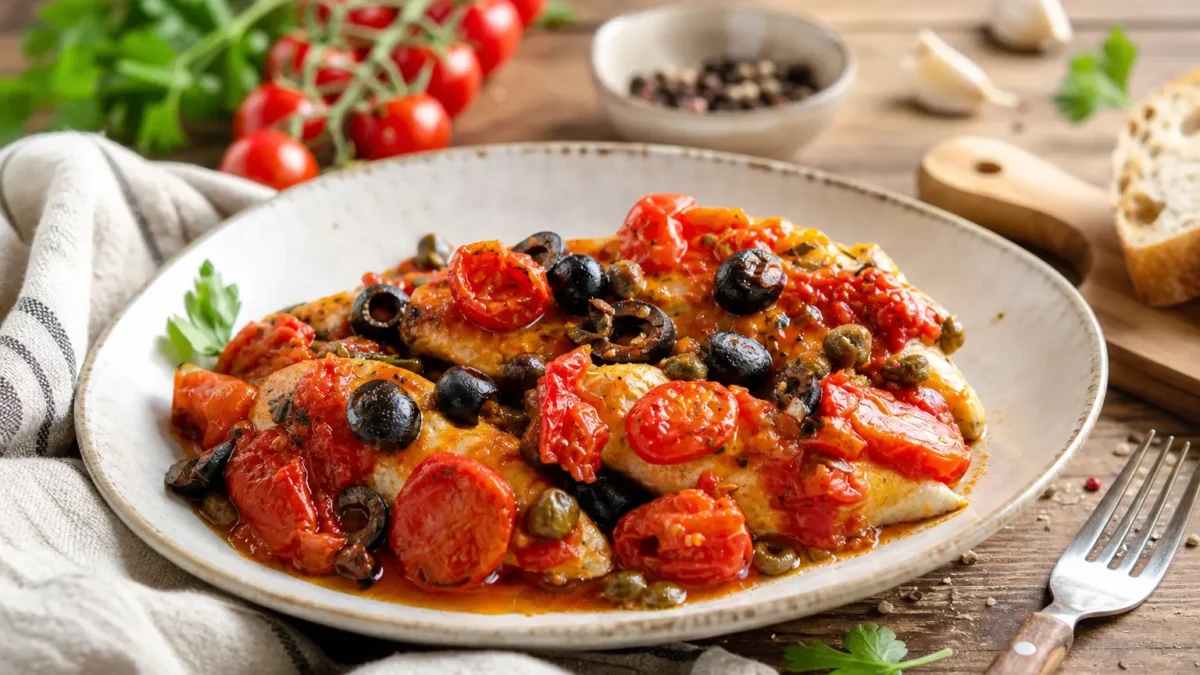 Sgombro in padella con pomodorini, olive nere e capperi