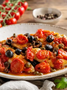 Sgombro in padella con pomodorini, olive nere e capperi
