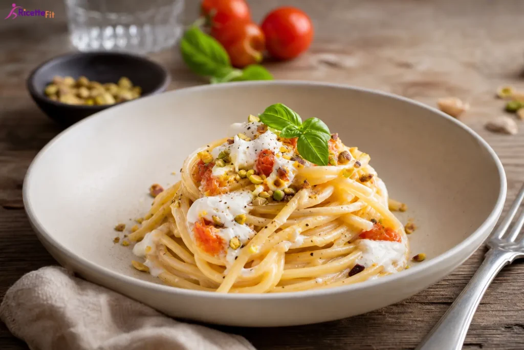 Spaghetti alla chitarra con burrata, pomodorini, pistacchi e basilico