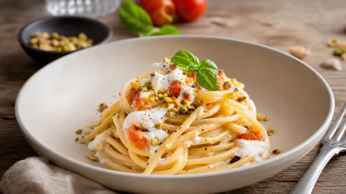 Spaghetti alla chitarra con burrata, pomodorini, pistacchi e basilico