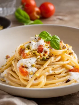 Spaghetti alla chitarra con burrata, pomodorini, pistacchi e basilico