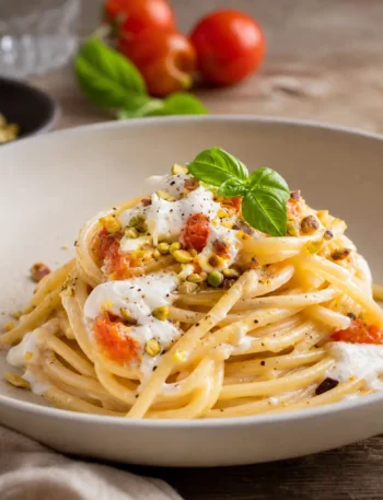 Spaghetti alla chitarra con burrata, pomodorini, pistacchi e basilico