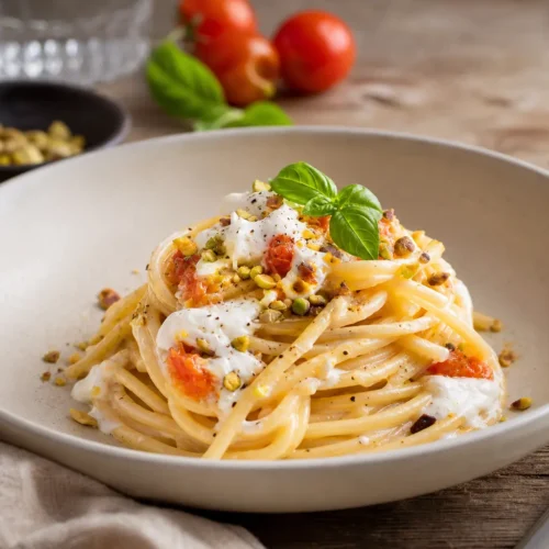 Spaghetti alla chitarra con orata, burrata e pistacchio