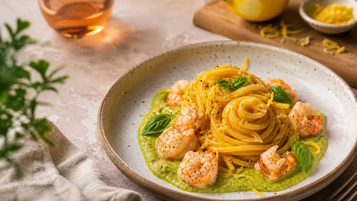 Spaghetti allo zafferano con crema di zucchine e mazzancolle al limone
