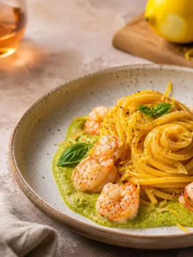 Spaghetti allo zafferano con crema di zucchine e mazzancolle al limone