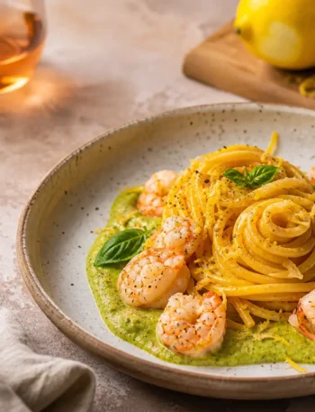 Spaghetti allo zafferano con crema di zucchine e mazzancolle al limone