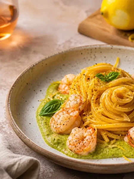 Spaghetti allo zafferano con crema di zucchine e mazzancolle al limone