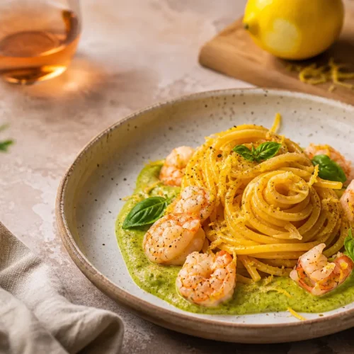 Spaghetti allo zafferano con crema di zucchine e mazzancolle