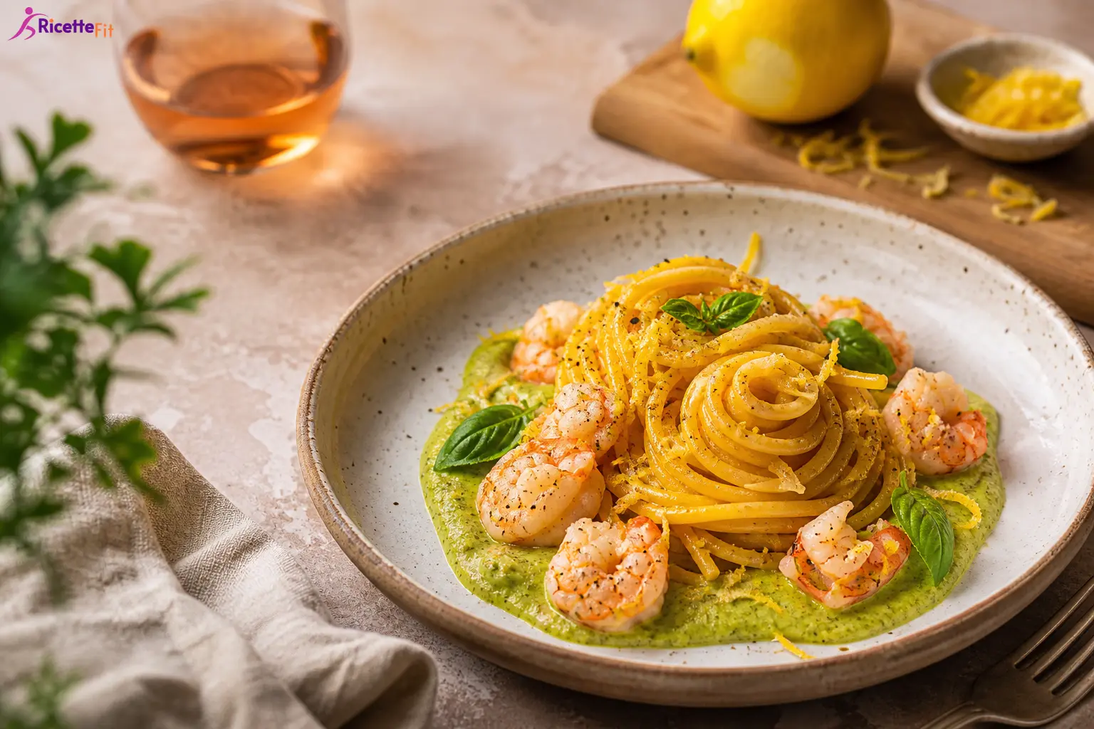 Spaghetti allo zafferano con crema di zucchine e mazzancolle al limone