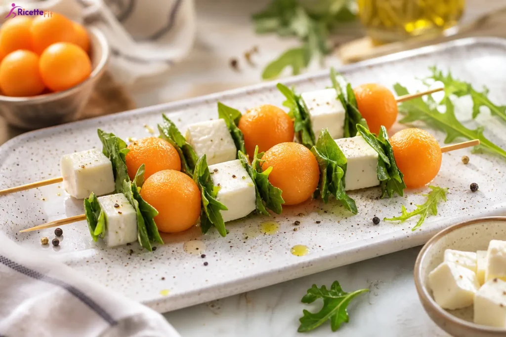 Spiedini di melone cantalupo, feta e rucola su piatto chiaro