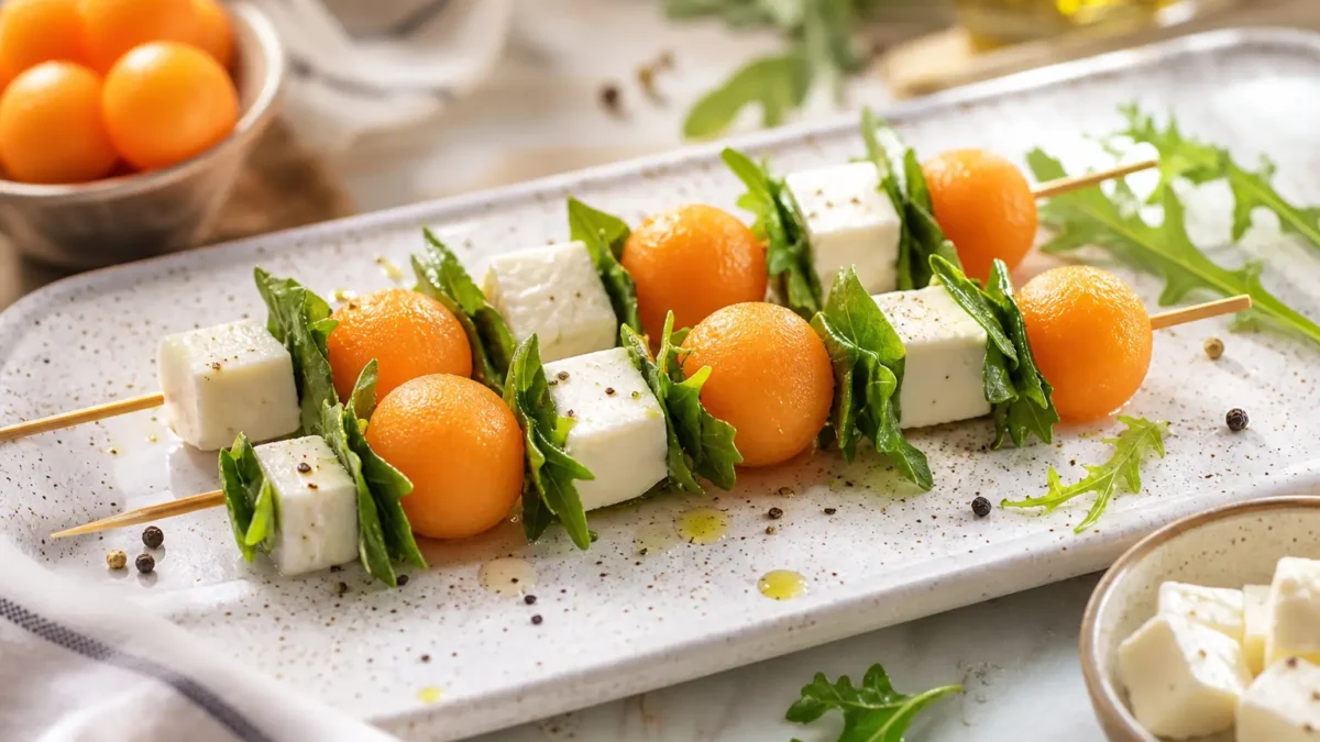 Spiedini di melone cantalupo, feta e rucola su piatto chiaro