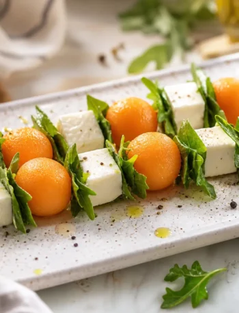 Spiedini di melone cantalupo, feta e rucola su piatto chiaro