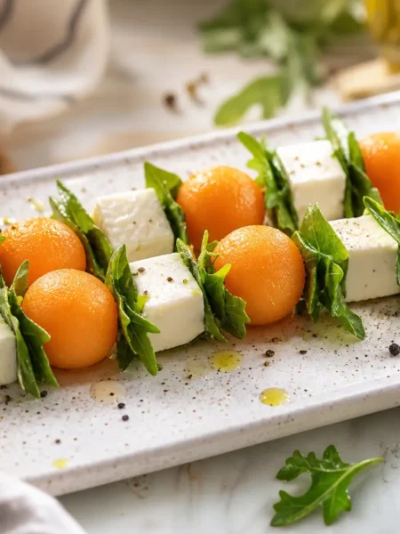 Spiedini di melone cantalupo, feta e rucola su piatto chiaro