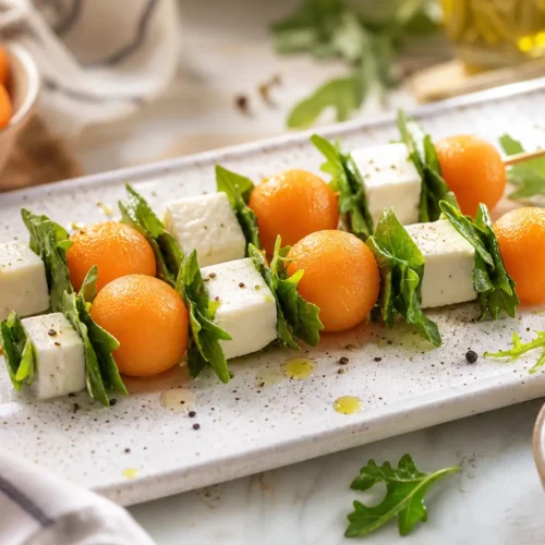 Spiedini di melone, feta e rucola
