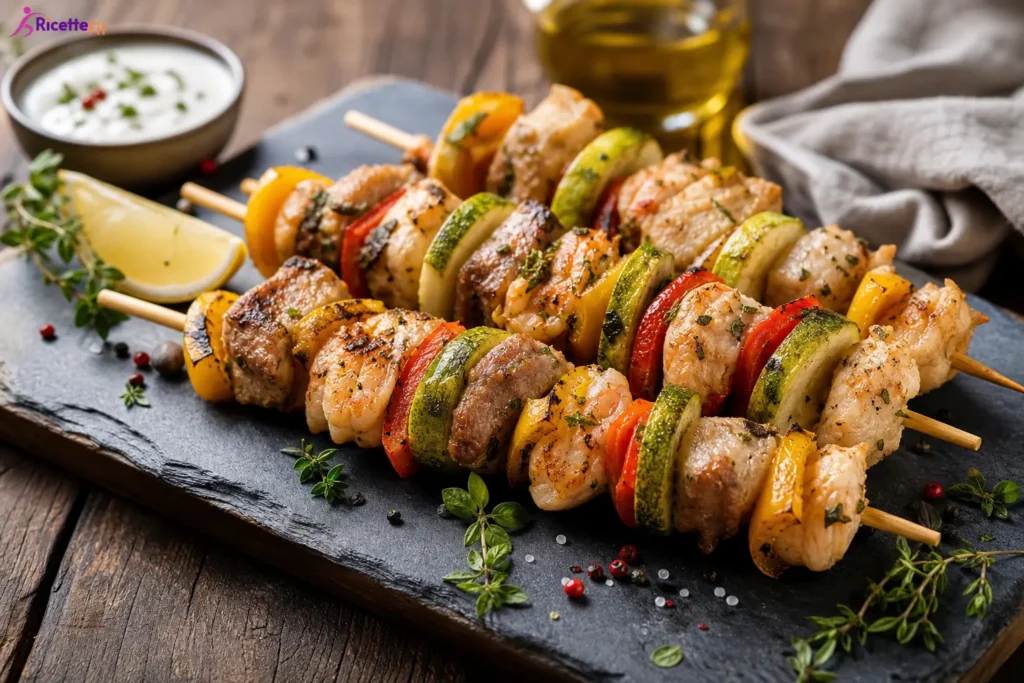 Spiedini di pesce misto con zucchine, peperoni e salsa allo yogurt
