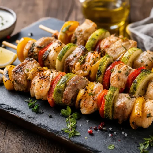 Spiedini di pesce misto con verdurine al forno