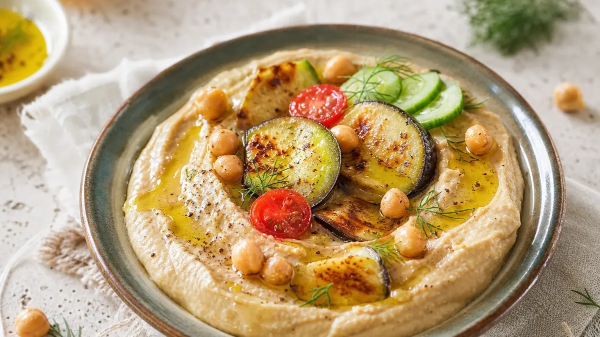 Spuma di melanzana e ceci con cetrioli, pomodorini e melanzane grigliate