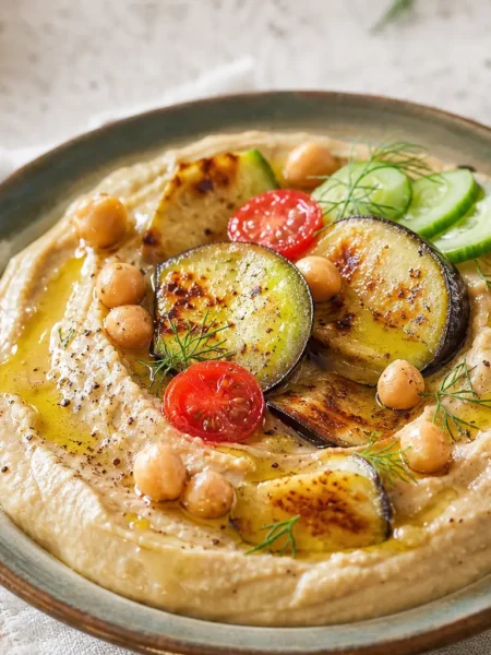 Spuma di melanzana e ceci con cetrioli, pomodorini e melanzane grigliate