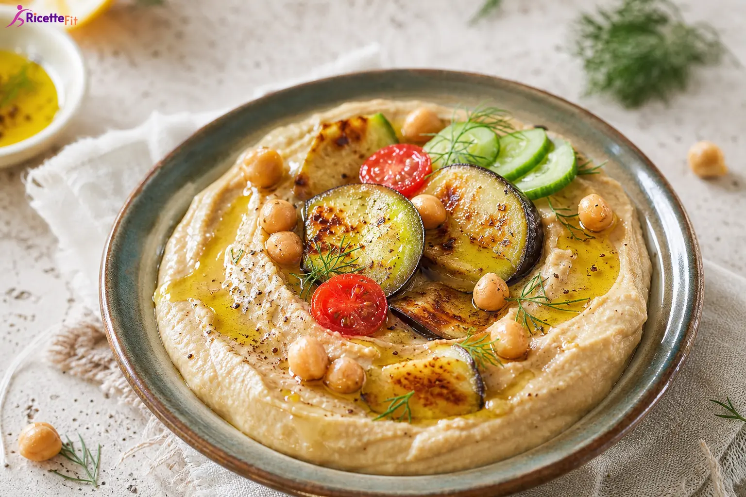 Spuma di melanzana e ceci con cetrioli, pomodorini e melanzane grigliate