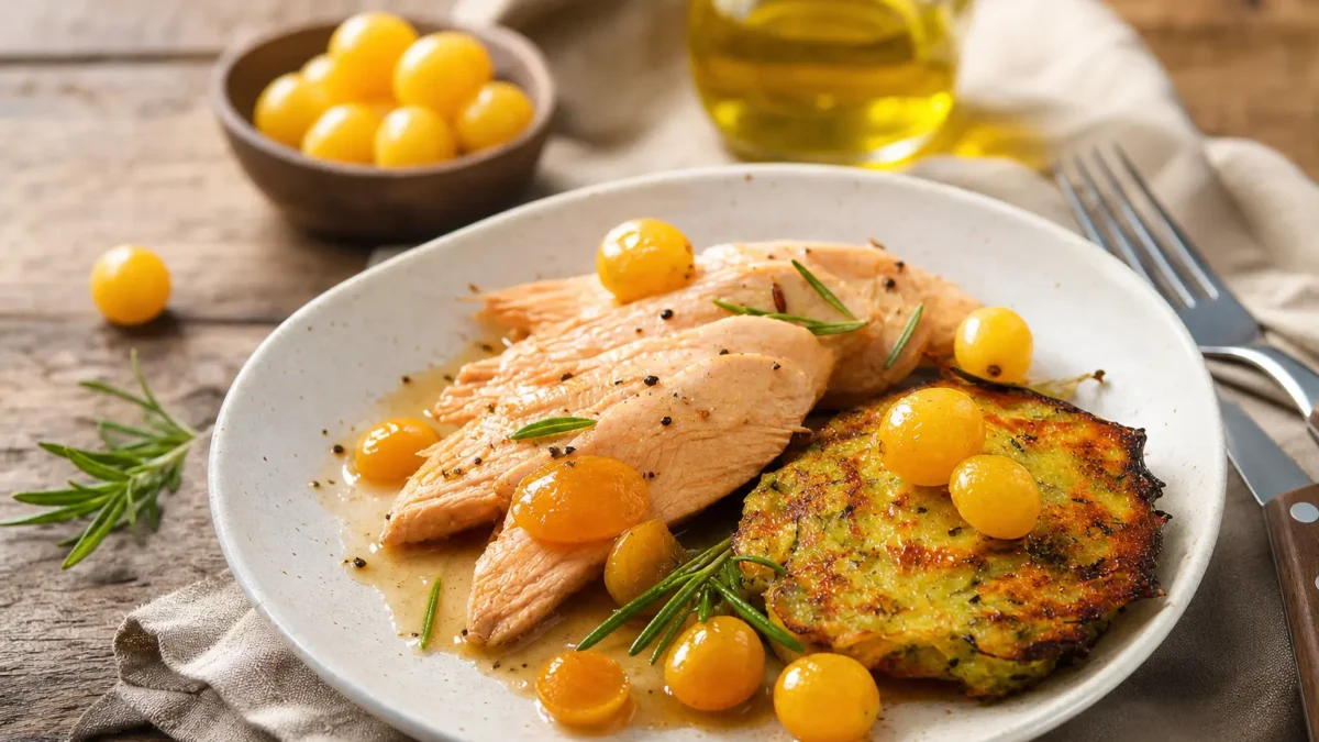 Tacchino al Marsala con uva e rösti di patate e zucchine