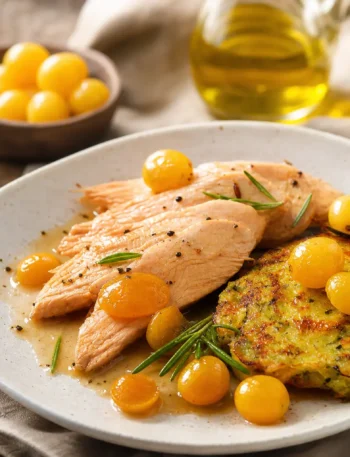Tacchino al Marsala con uva e rösti di patate e zucchine