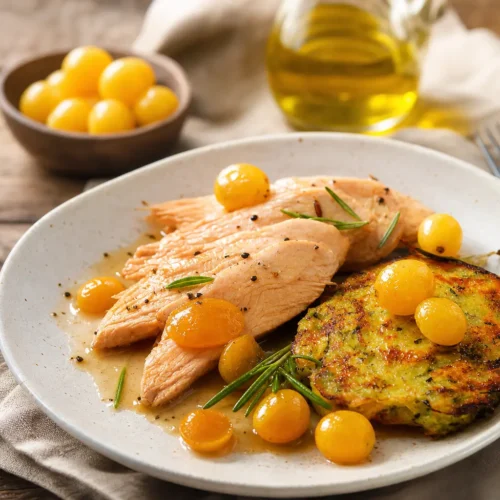 Tacchino al Marsala e uva con rösti di patate e zucchine