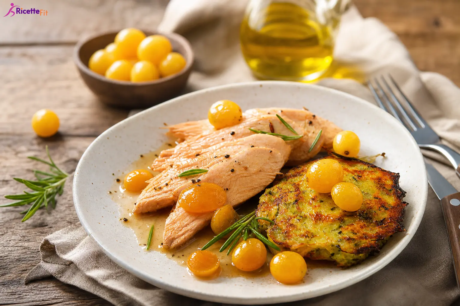Tacchino al Marsala e uva con rösti di patate e zucchine