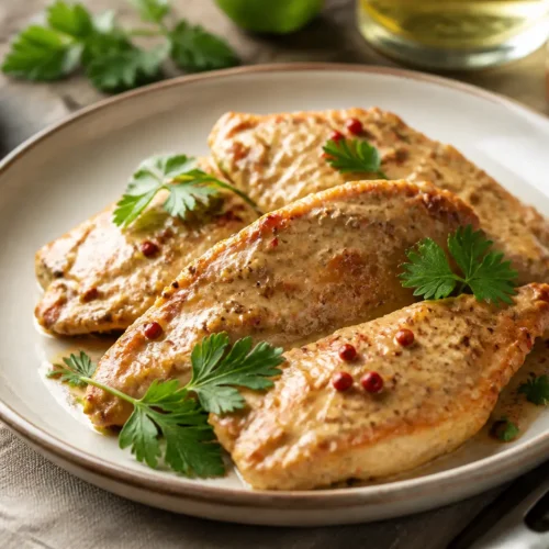 Tacchino in padella con yogurt, senape e timo