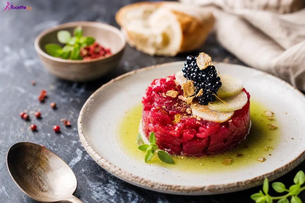 Tartare di tonno rosso con mela verde, more e centrifugato di sedano