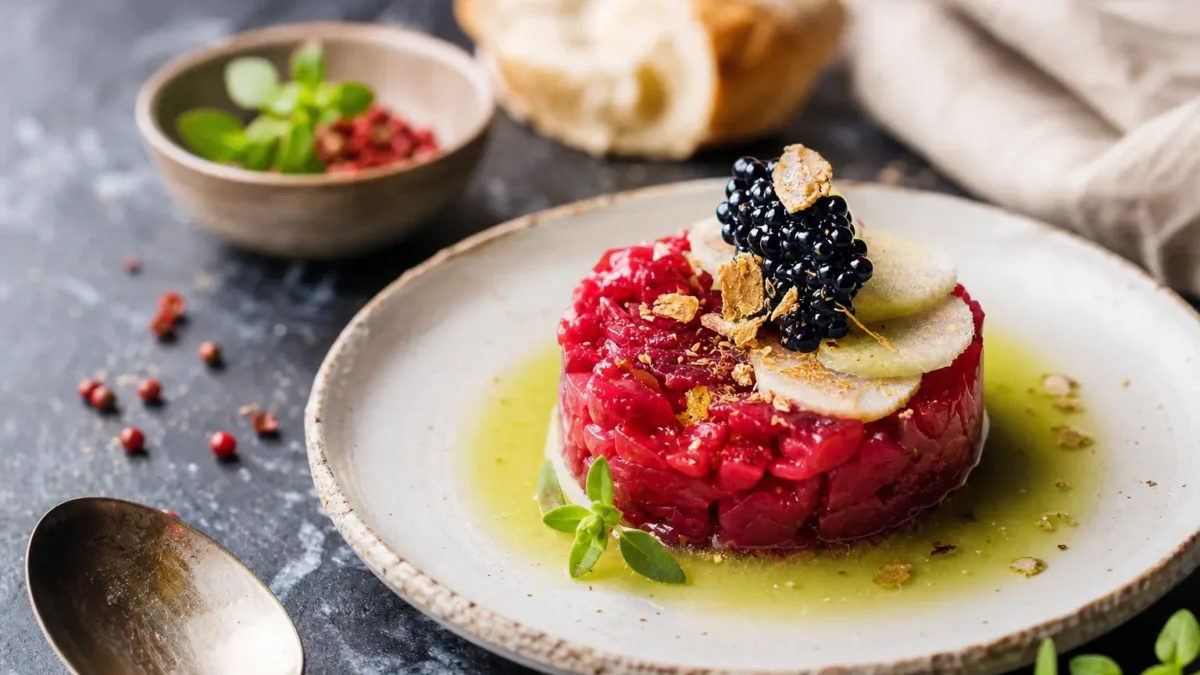 Tartare di tonno rosso con mela verde, more e centrifugato di sedano