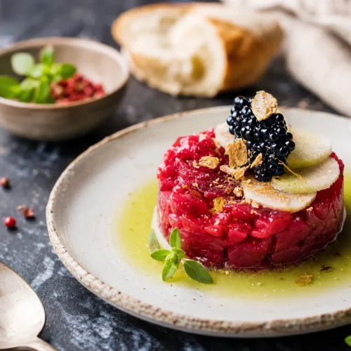 Tartare di tonno rosso con centrifugato di mela e sedano