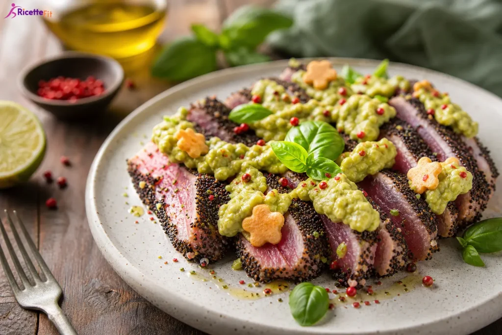 Tonno scottato in crosta di sesamo nero con salsa di avocado e lime