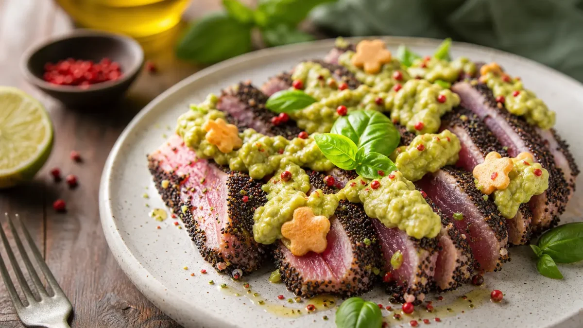 Tonno scottato in crosta di sesamo nero con salsa di avocado e lime