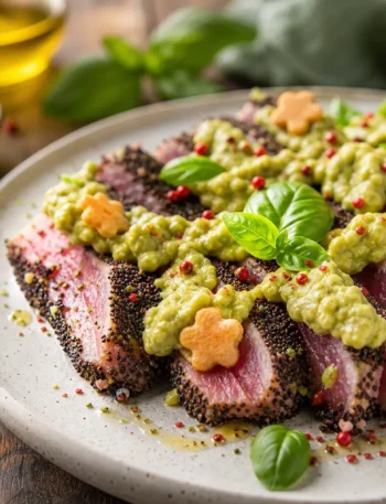 Tonno scottato in crosta di sesamo nero con salsa di avocado e lime