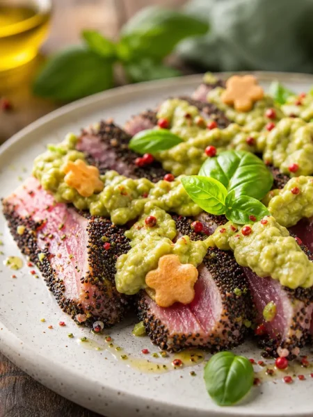 Tonno scottato in crosta di sesamo nero con salsa di avocado e lime