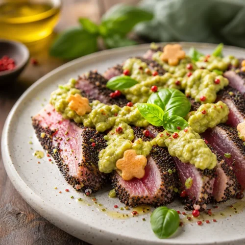 Tonno scottato in crosta di sesamo nero con salsa di avocado e lime
