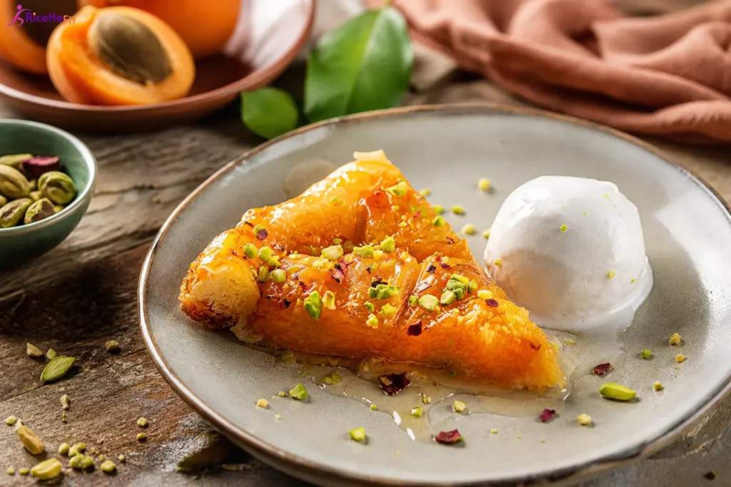 Fetta di torta rovesciata alle albicocche con yogurt greco e pistacchi