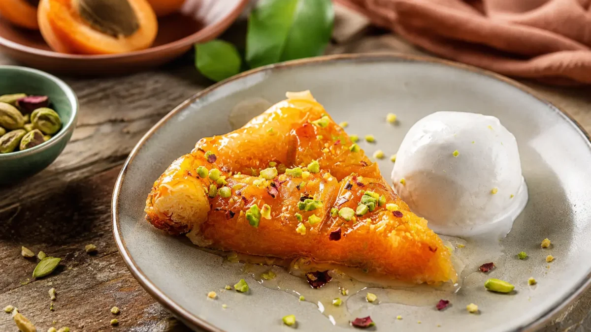 Fetta di torta rovesciata alle albicocche con yogurt greco e pistacchi