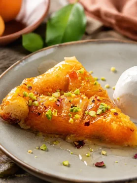 Fetta di torta rovesciata alle albicocche con yogurt greco e pistacchi