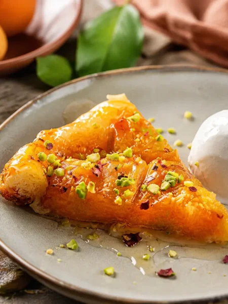 Fetta di torta rovesciata alle albicocche con yogurt greco e pistacchi